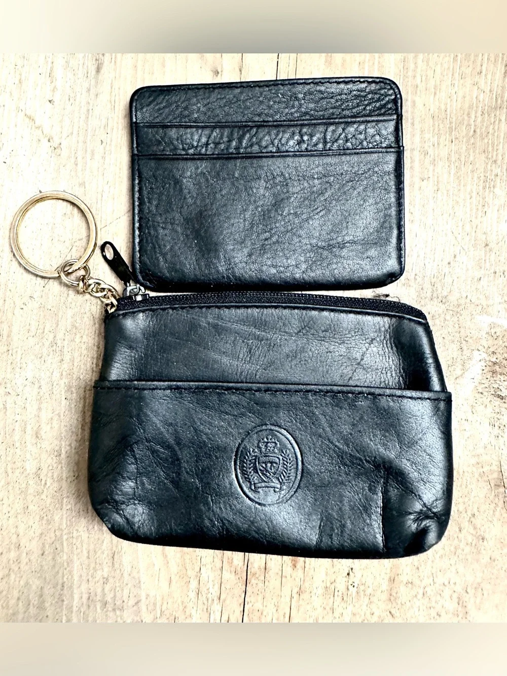 Black Leather Key Wallet Coin Pouch with Gold Keyring